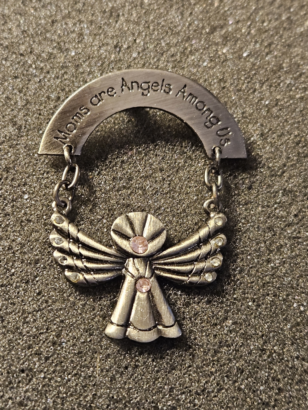 Vintage Silver Angel Brooch with Pink Accents. Reads "Moms Are Angels Among Us"